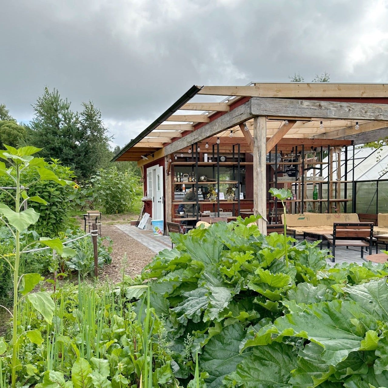 Nords Trädgård i Insjön, med restaurang, blommor, höns och gårdsbutik.