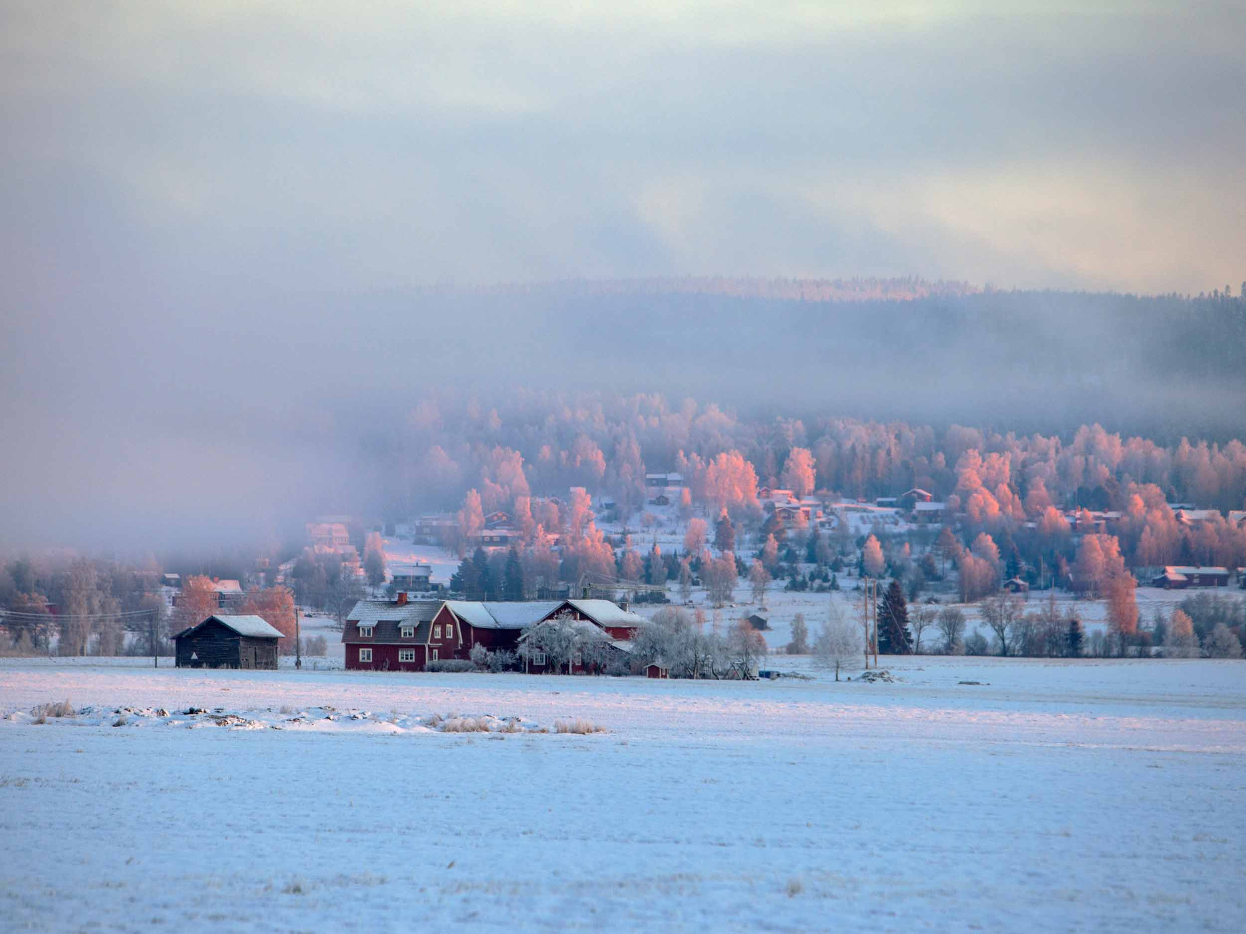 Vintervy över stugor och hus i Leksand.